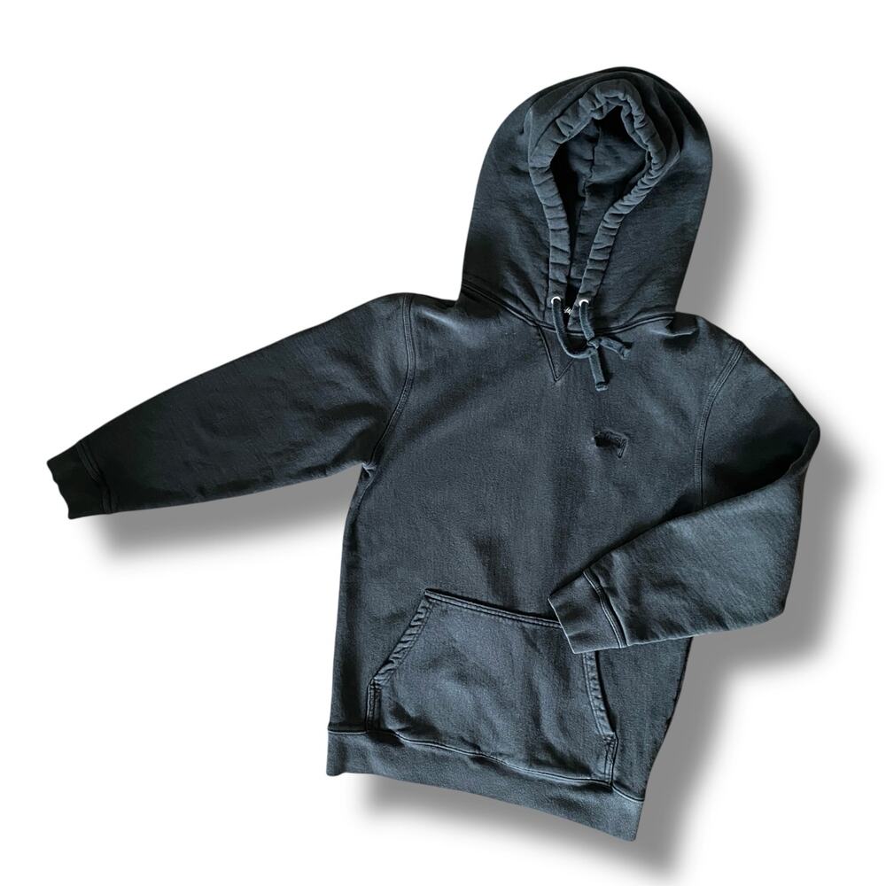 Stussy Stock Logo Hood Pullover Hoodie VNTG Wash Black Charcoal M Embroidered
